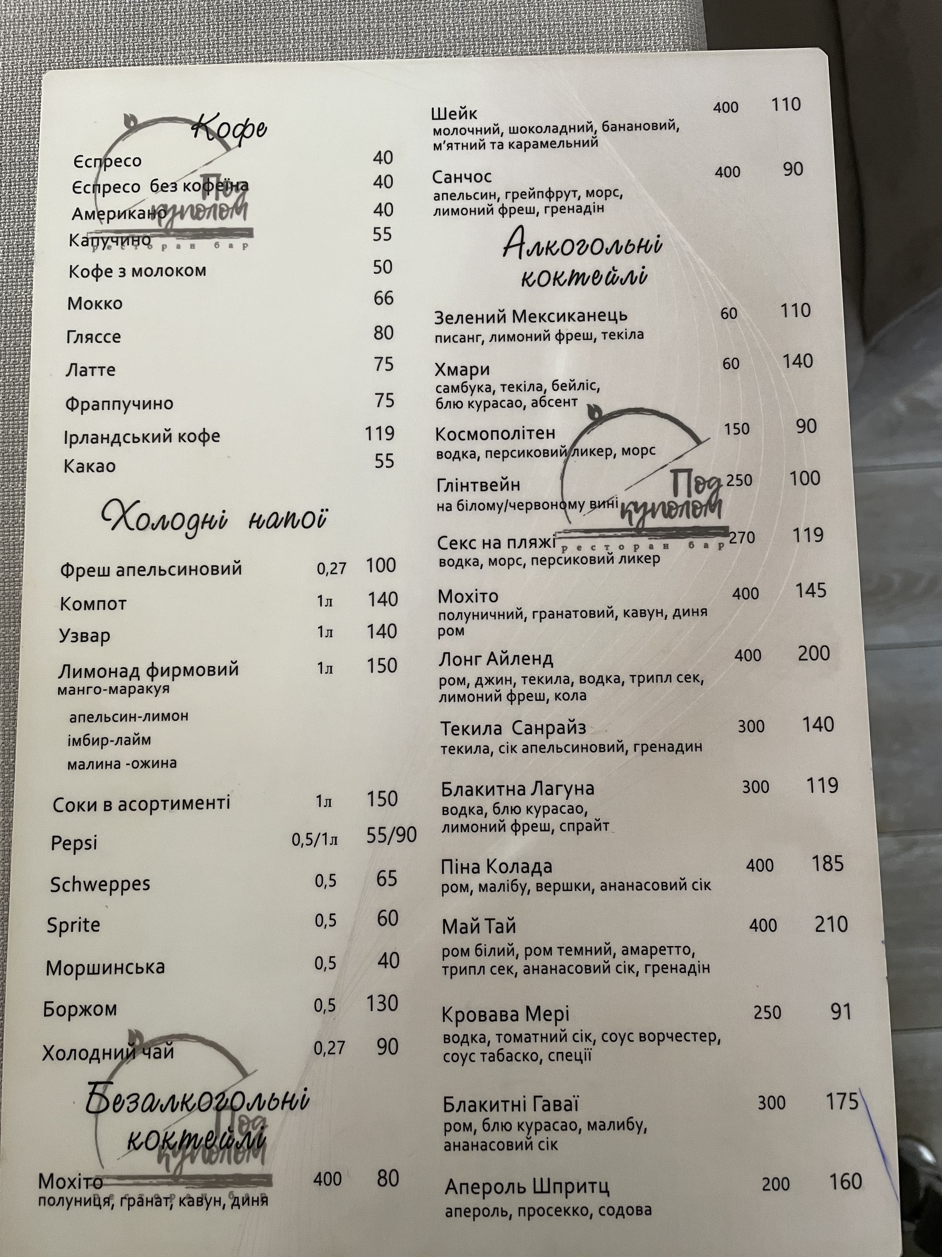 Pod Kupolom menu 1