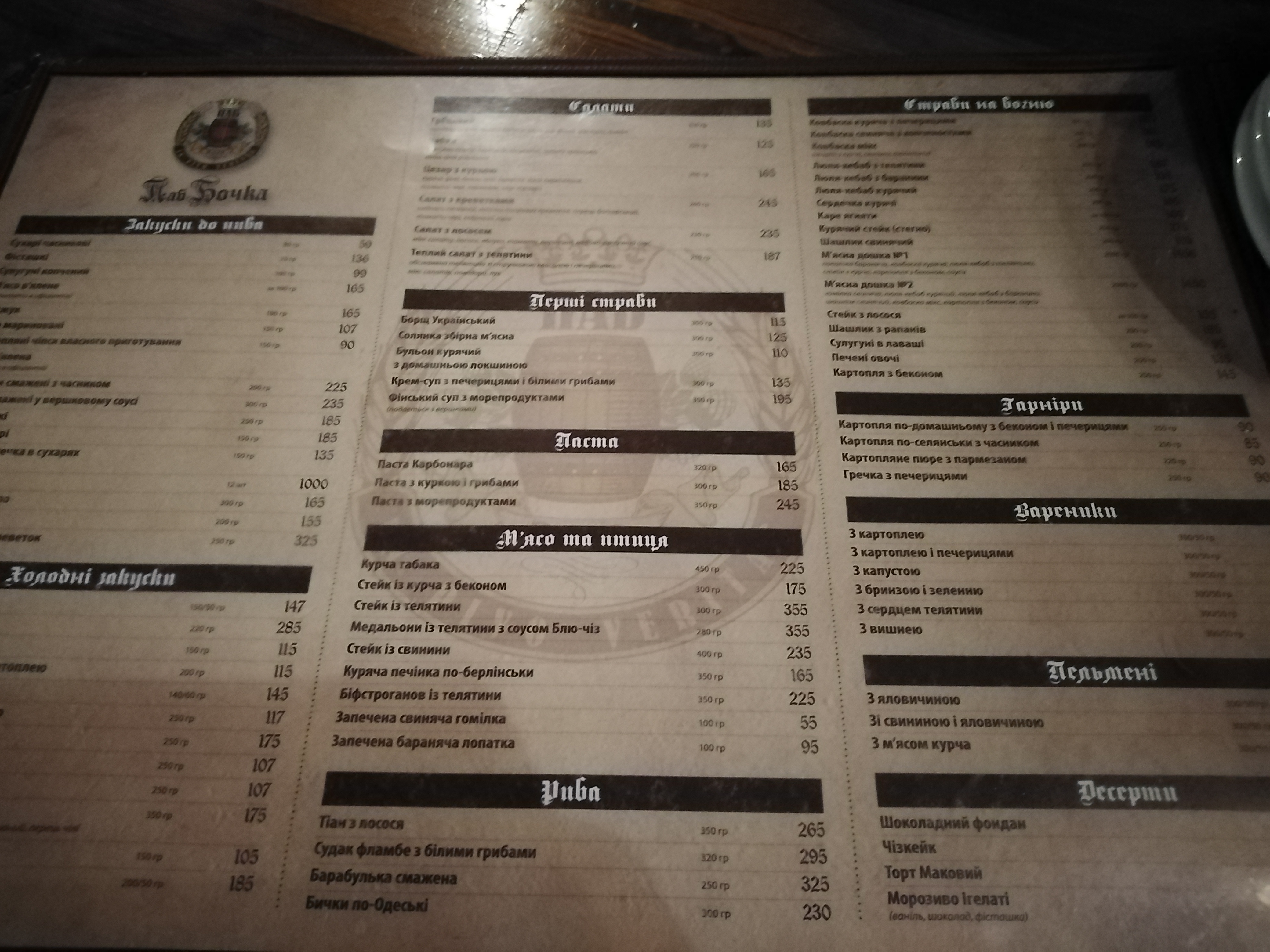 Bochka menu 12