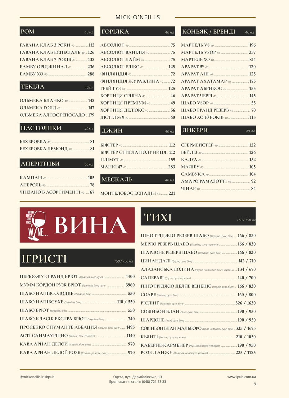 "Mick O'Neills" Gastro Pub menu 1