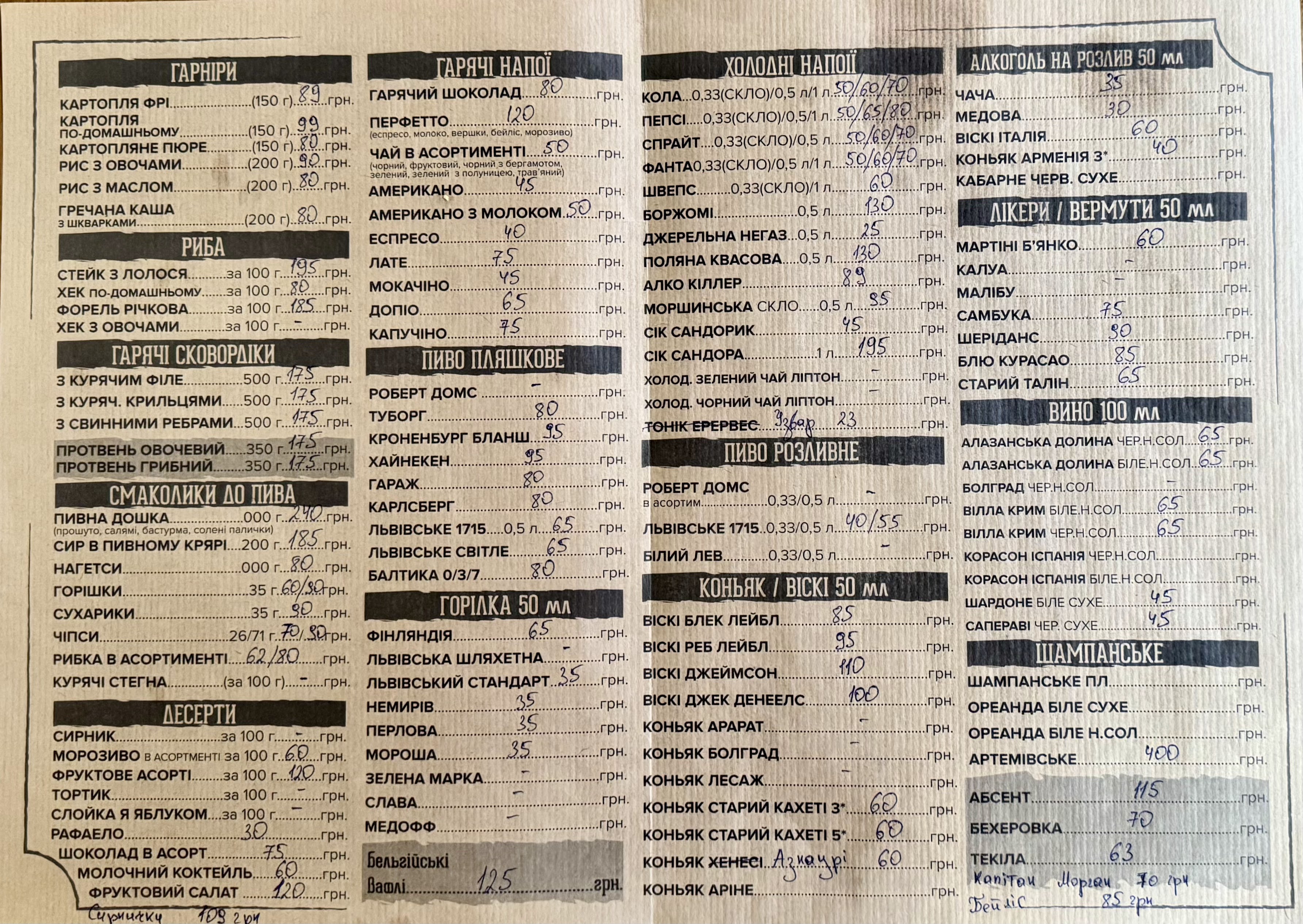 Staryy Yaniv menu 1