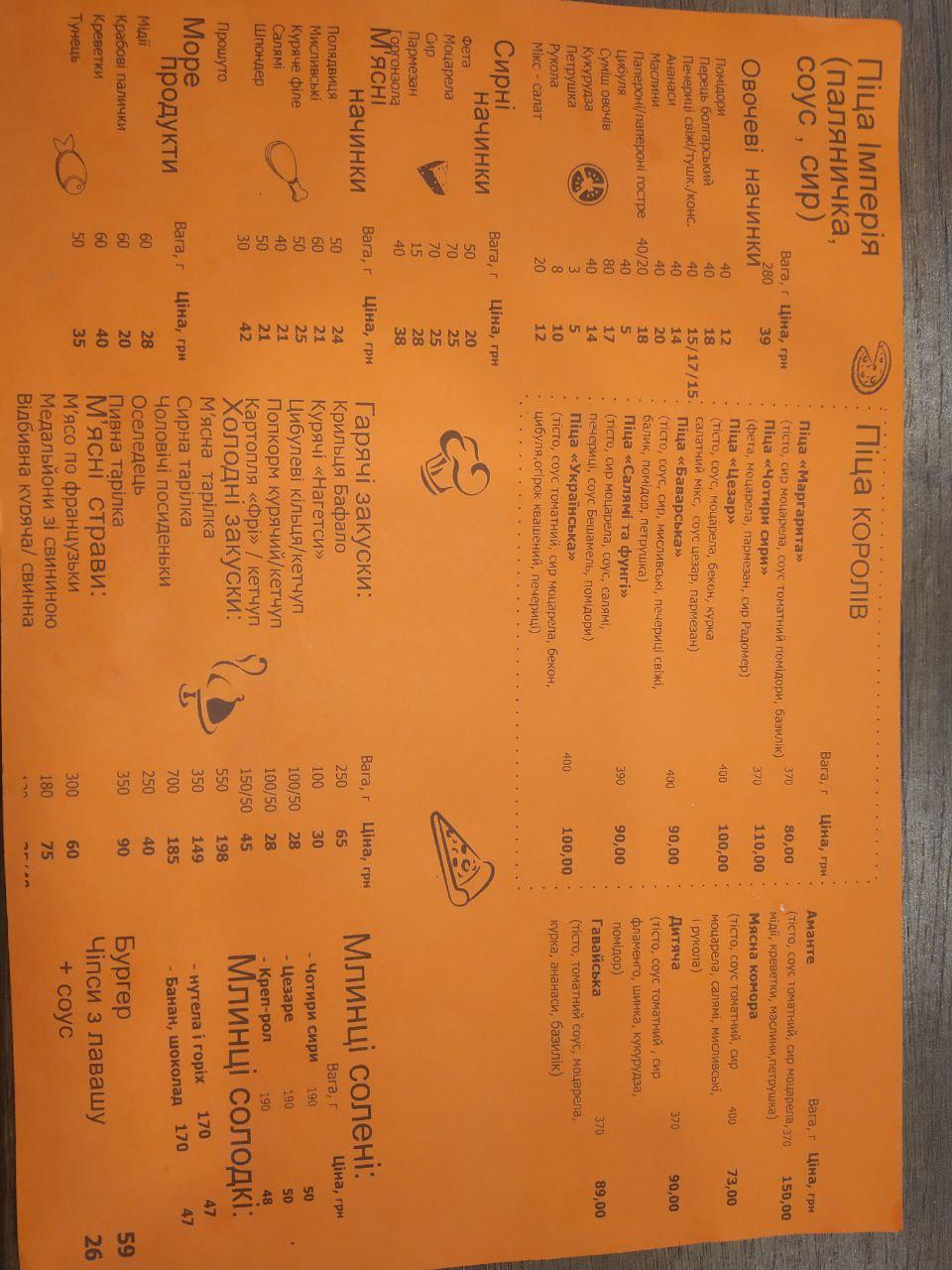 Pitseriya Imperiya, Mini-Market "Produkty" menu 1