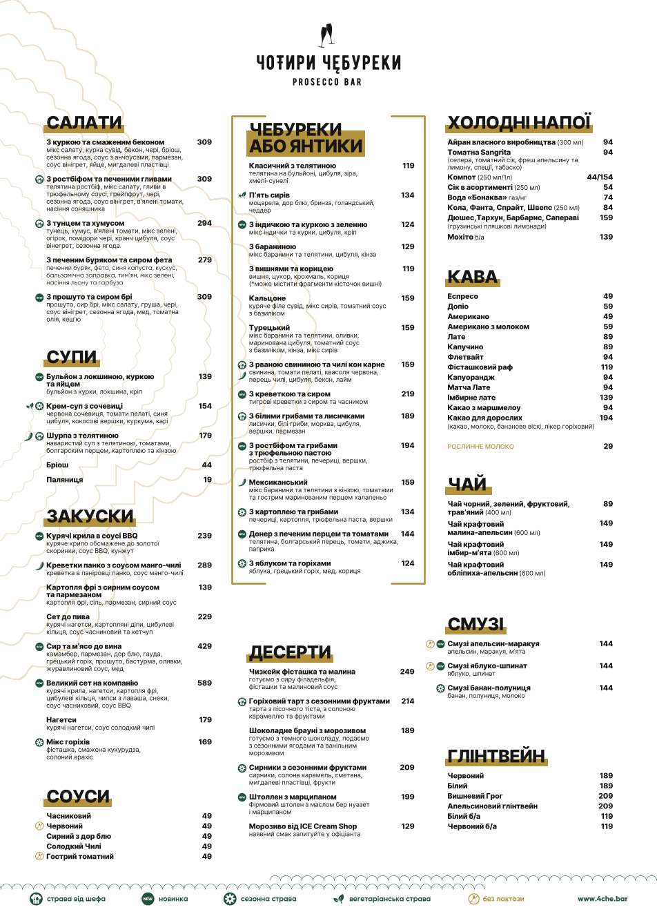 Чотири Чебуреки. Prosecco Bar menu 1