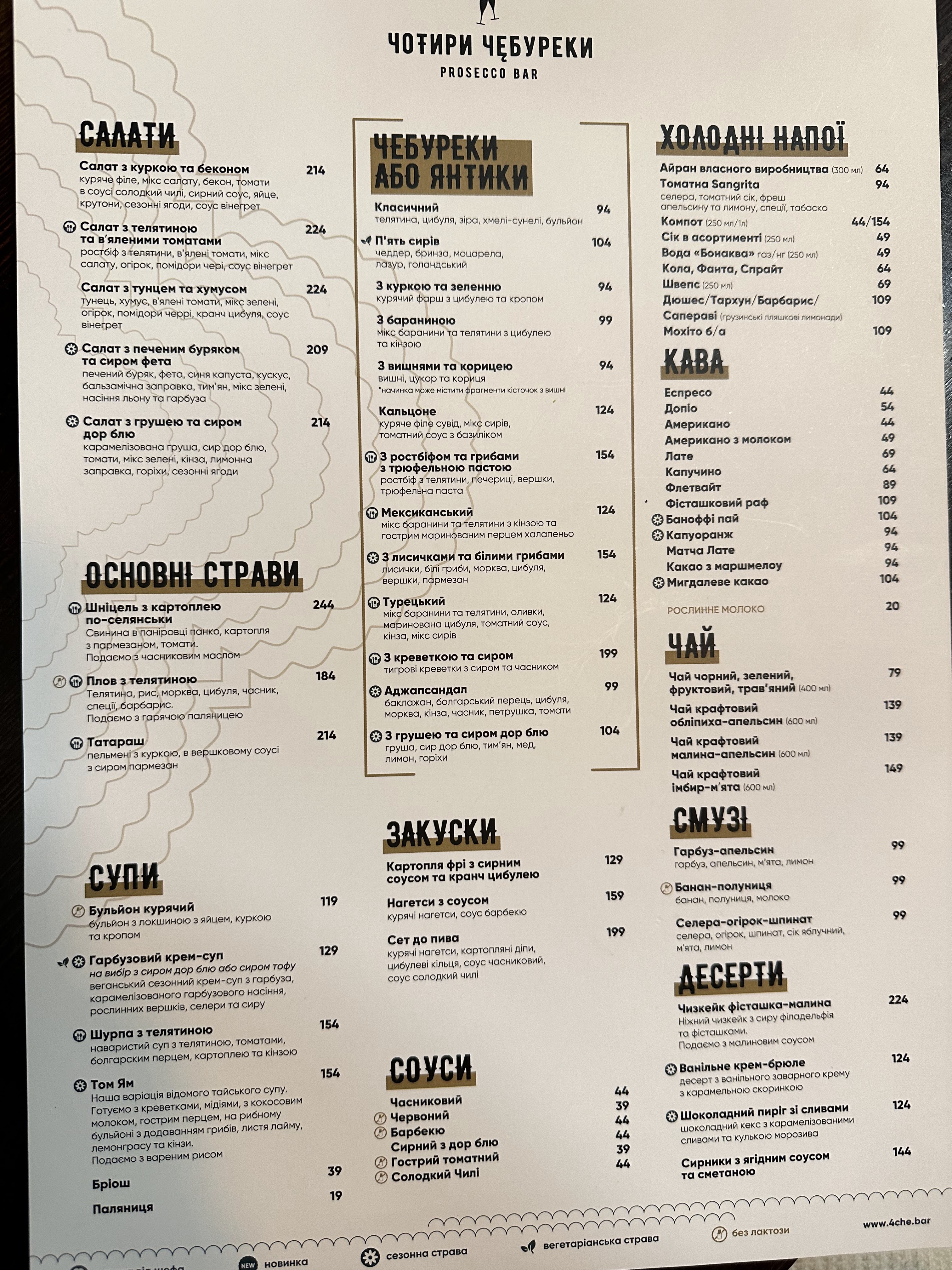 Чотири Чебуреки. Prosecco Bar menu 2
