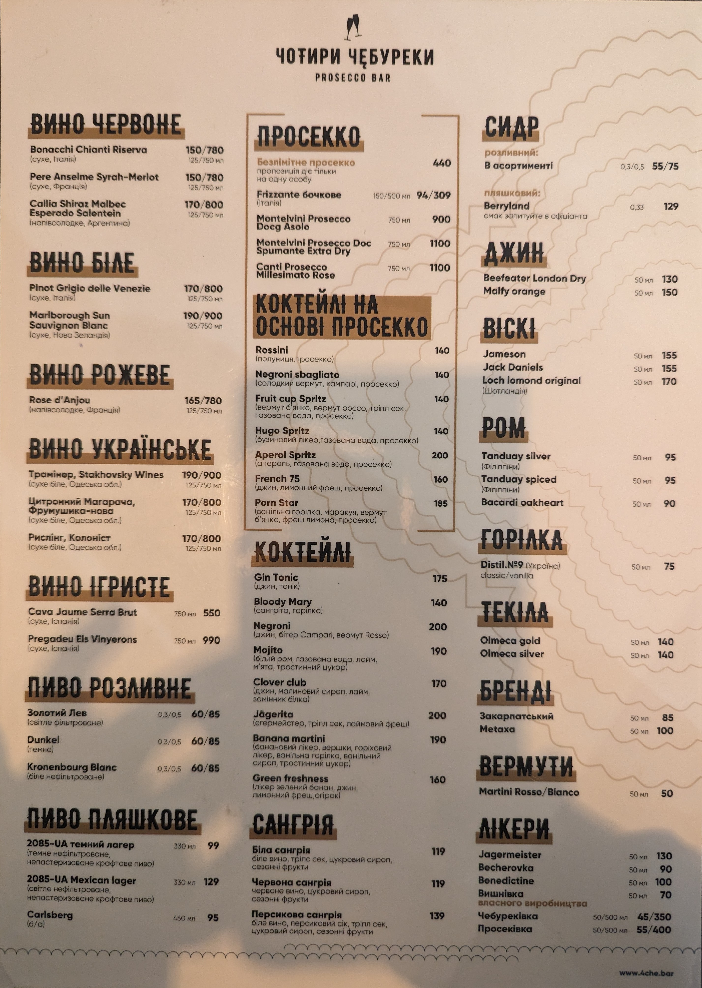Чотири Чебуреки. Prosecco Bar menu 6