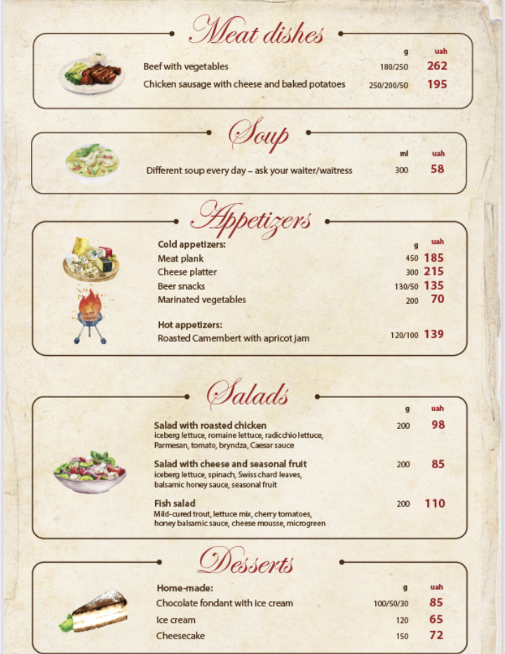 Pstruh, Khlib Ta Vyno menu 1