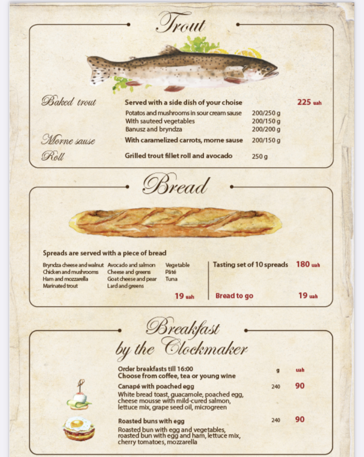 Pstruh, Khlib Ta Vyno menu 5