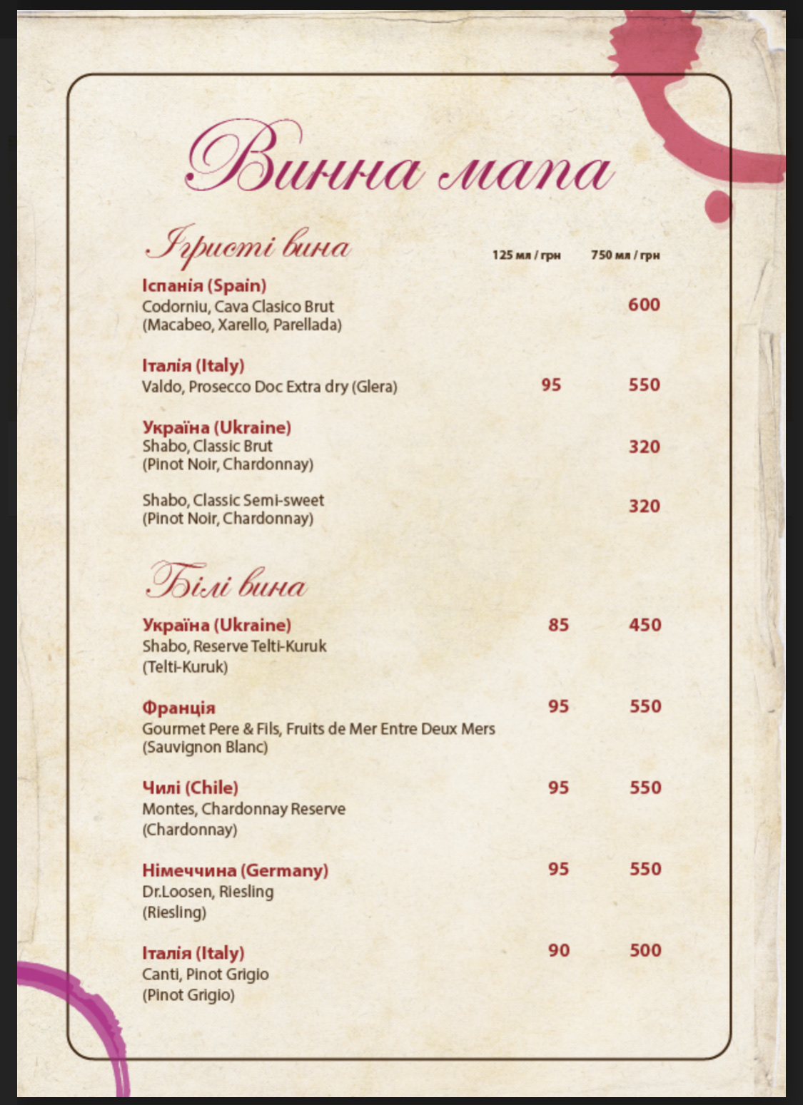 Pstruh, Khlib Ta Vyno menu 8