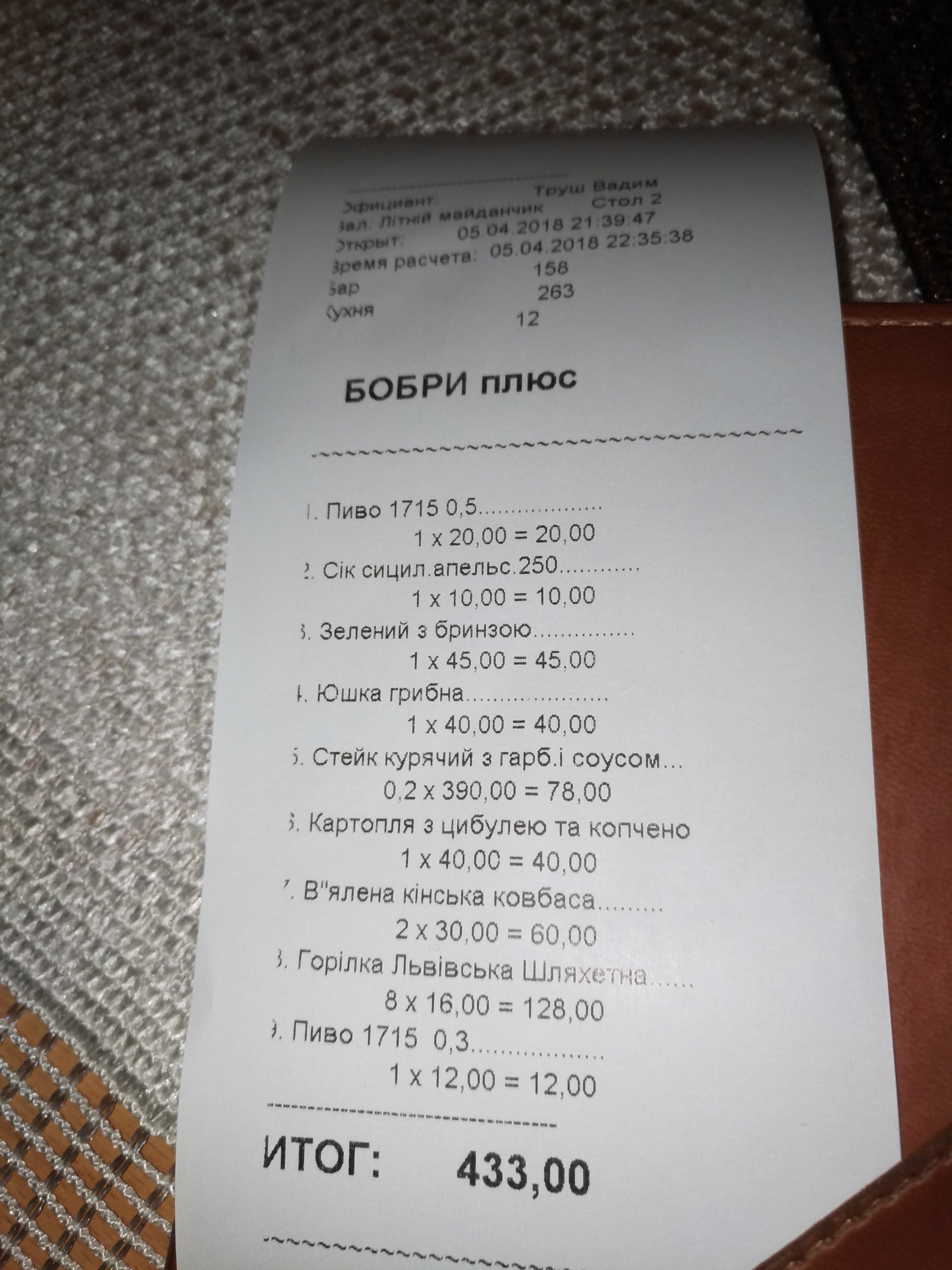 Hotelʹno-Restorannyy Kompleks Try Bobry menu 1