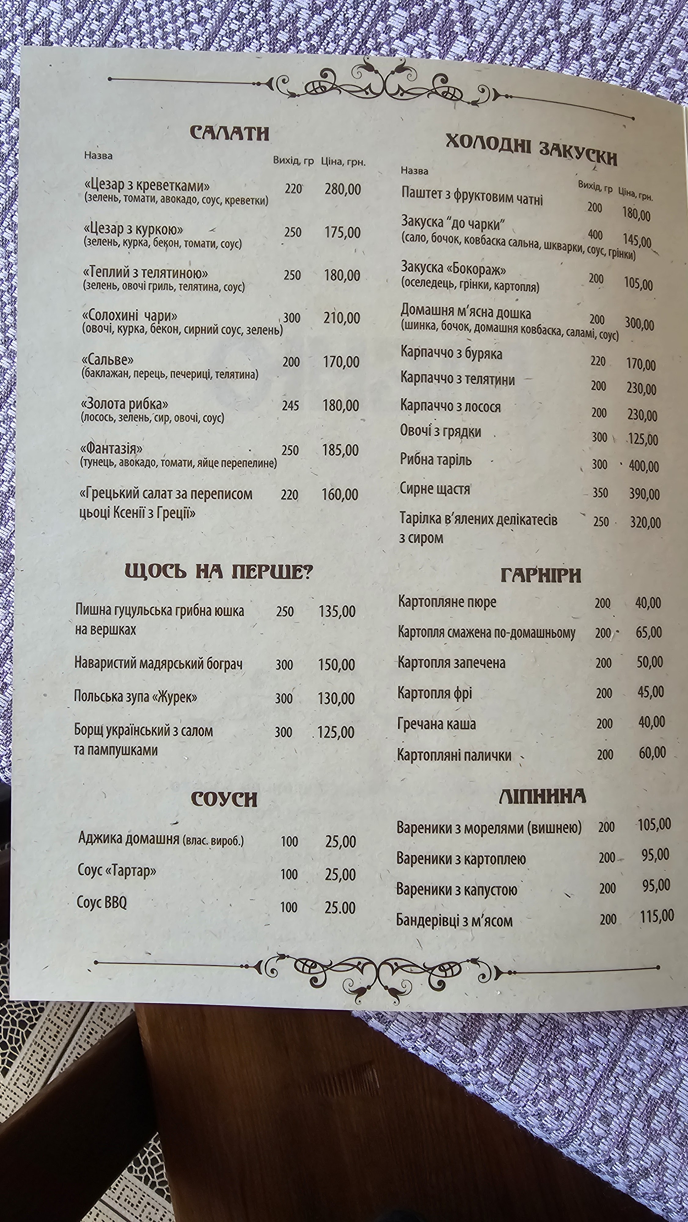 Berehynya menu 1