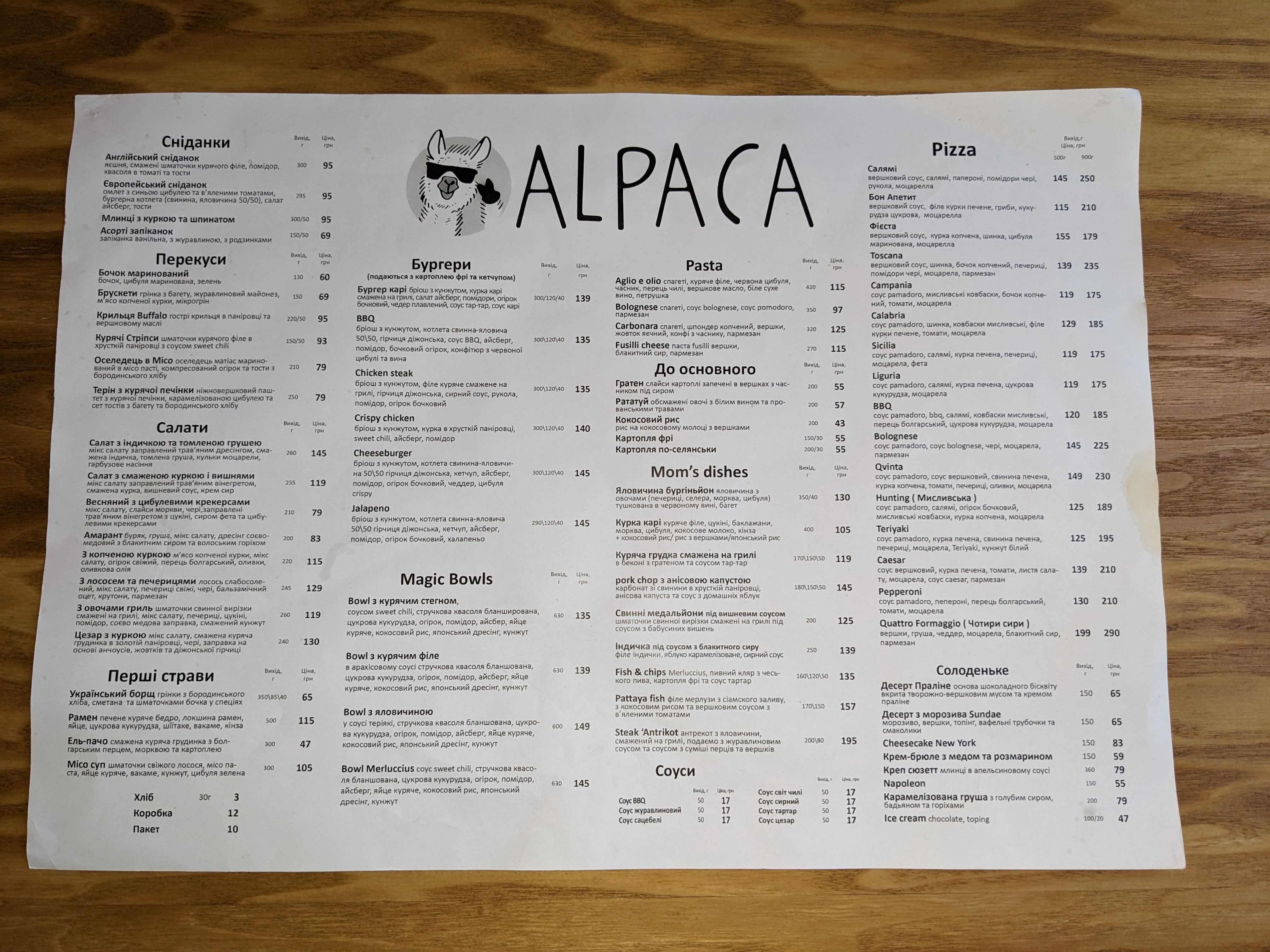 "Panama" - "Alʹpaka" menu 6