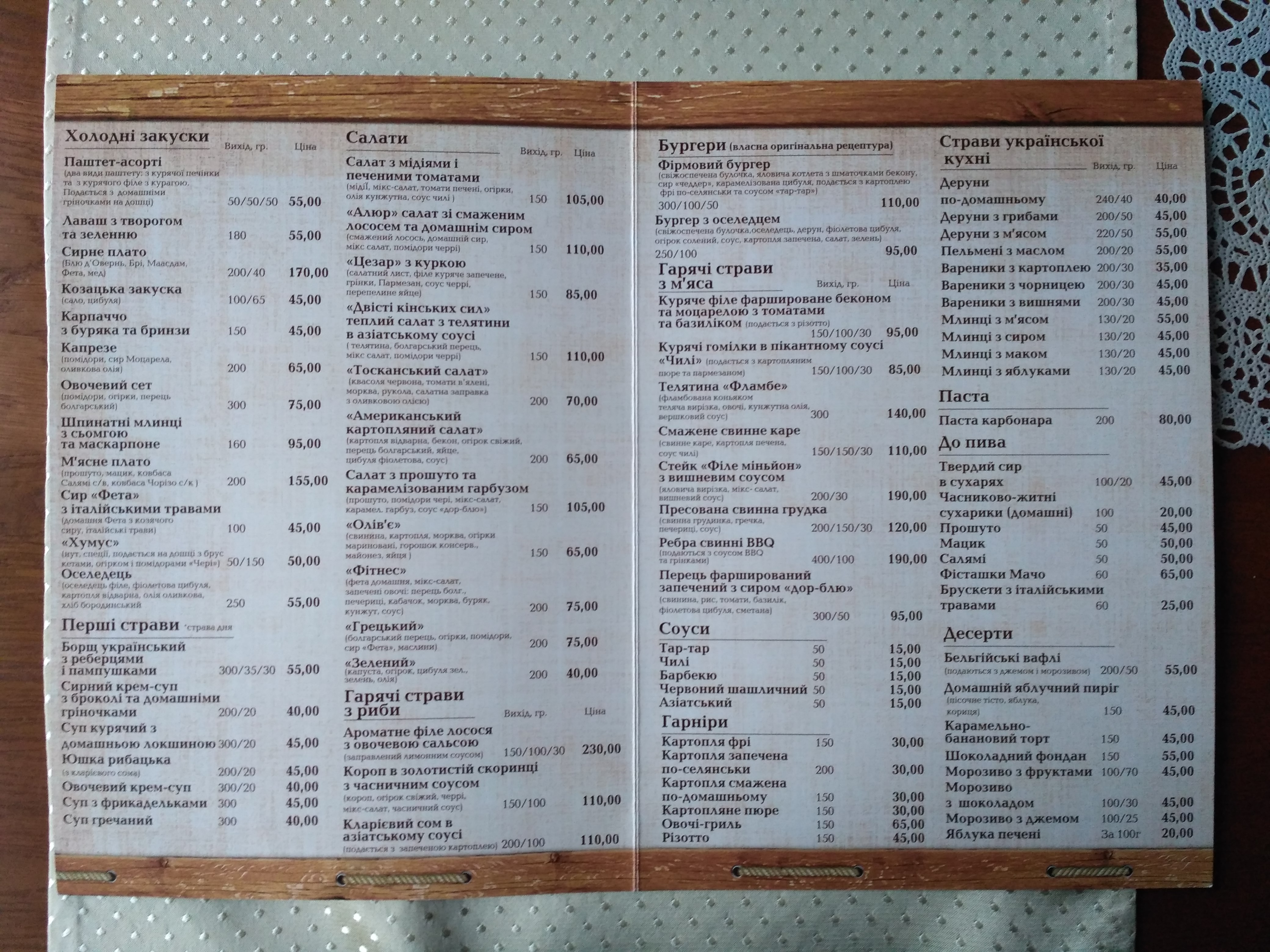 Zolota Pidkova menu 2