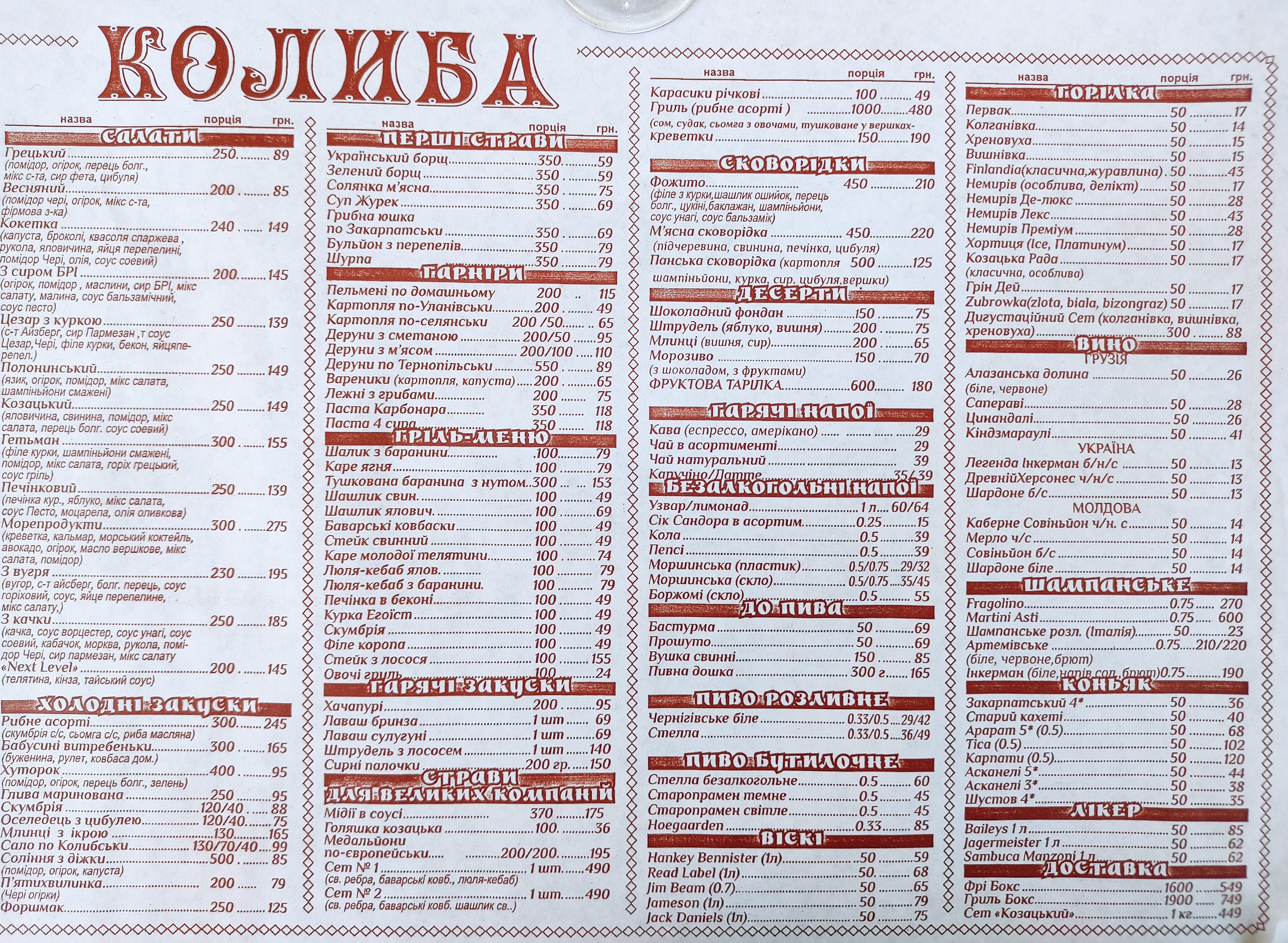 Kolyba Nad Buhom menu 2