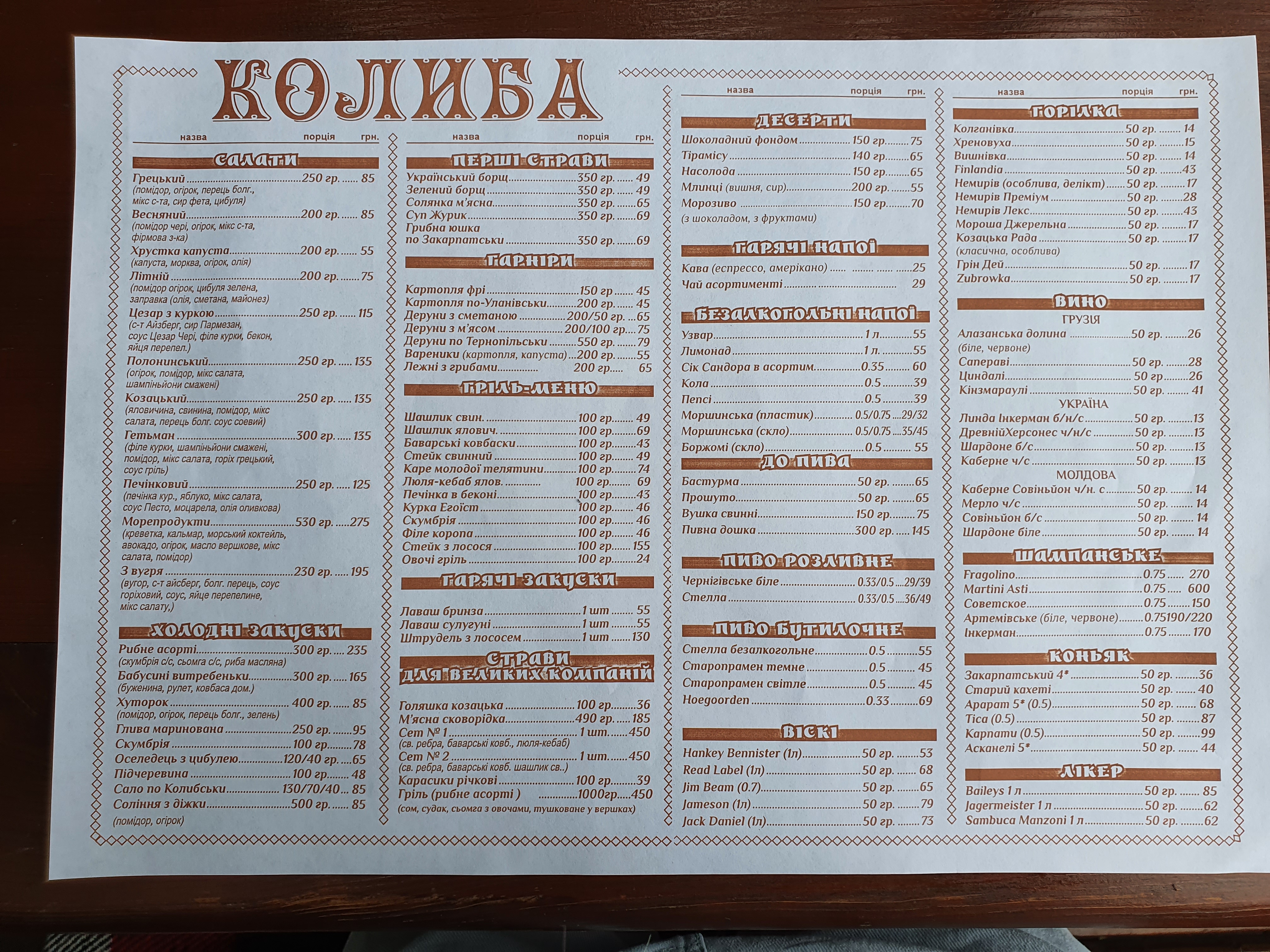 Kolyba Nad Buhom menu 4