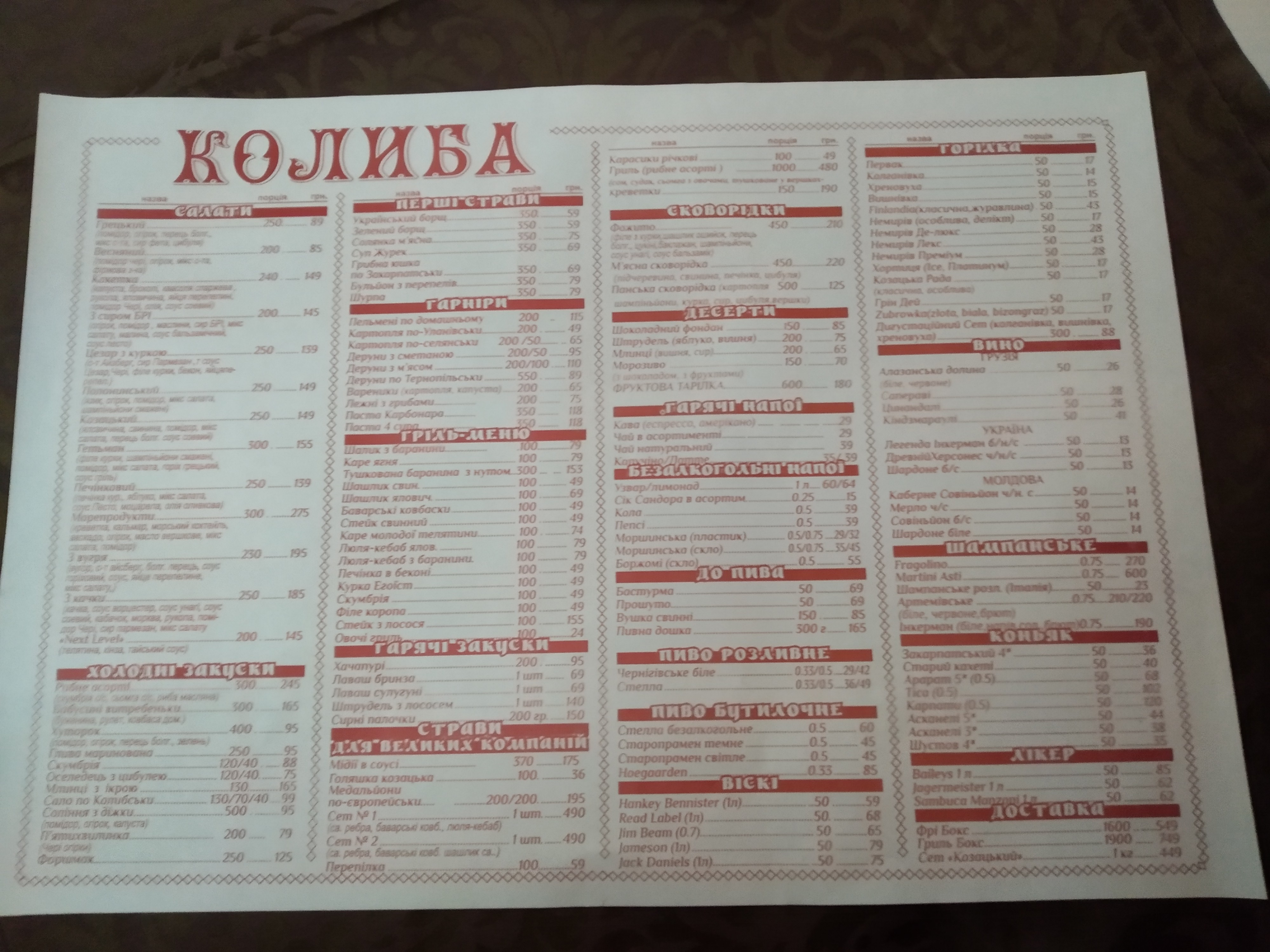 Kolyba Nad Buhom menu 5