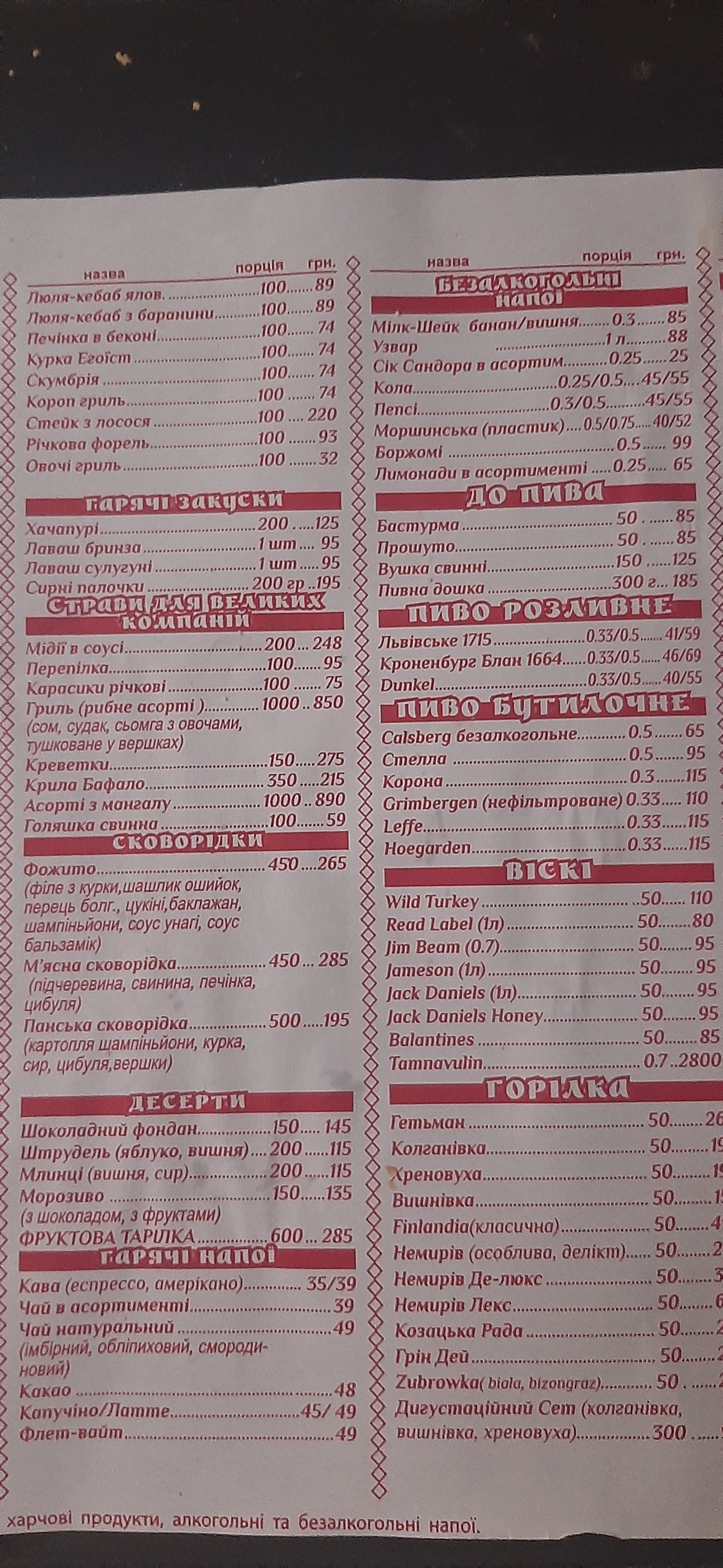 Kolyba Nad Buhom menu 6