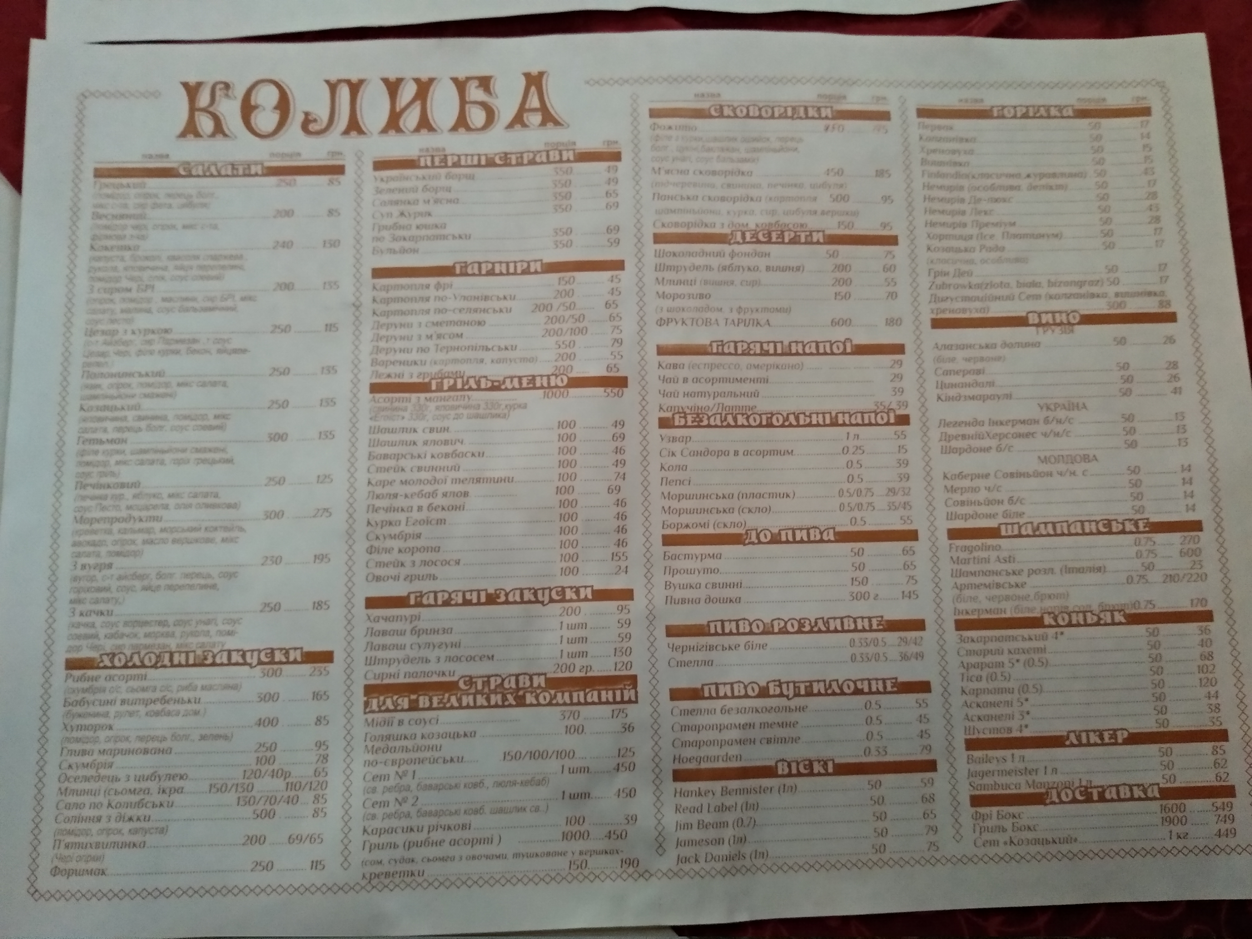 Kolyba Nad Buhom menu 9